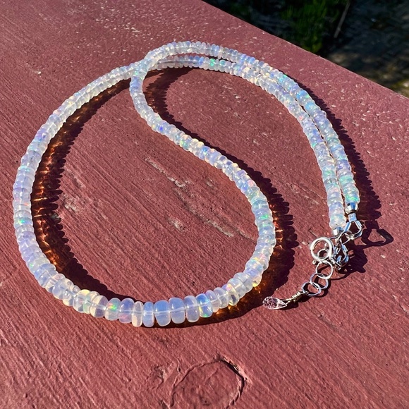 Handcraft Natural Untreated Welo Opal Necklace 14K White Gold, 14th Anniversary - Picture 7 of 10